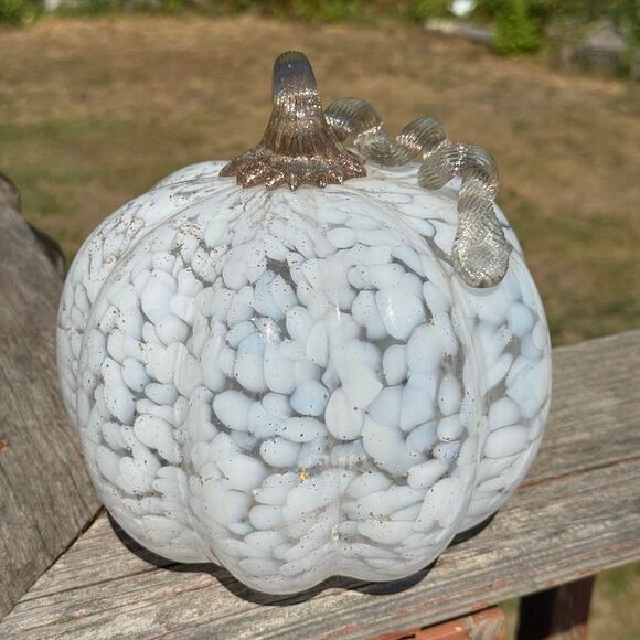 NEW Martha Stewart LED Lit Glass Pumpkin 7” White Spots with Gold Specks - Picture 2 of 5